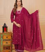Womens cotton maroon & white embroidery work kurta and pants with dupatta