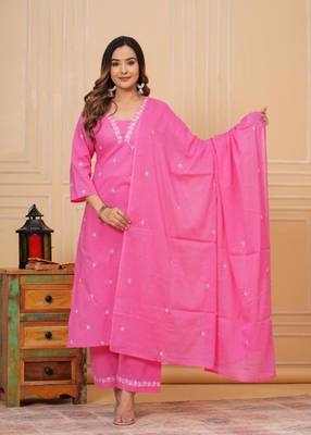Womens cotton pink & white embroidery work kurta and pants with dupatta 1