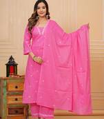 Womens cotton pink & white embroidery work kurta and pants with dupatta