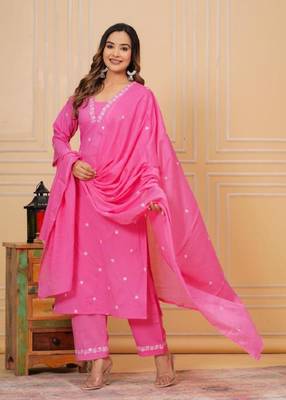 Womens cotton pink & white embroidery work kurta and pants with dupatta 2