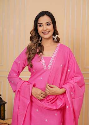 Womens cotton pink & white embroidery work kurta and pants with dupatta 3