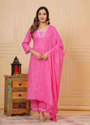 Womens cotton pink & white embroidery work kurta and pants with dupatta 4