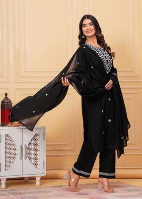 Womens cotton navy blue & white embroidery work kurta and pants with dupatta 1