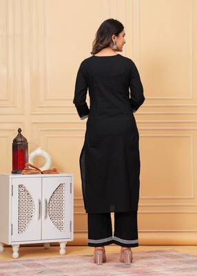 Womens cotton navy blue & white embroidery work kurta and pants with dupatta 2
