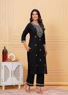 Womens cotton navy blue & white embroidery work kurta and pants with dupatta 3