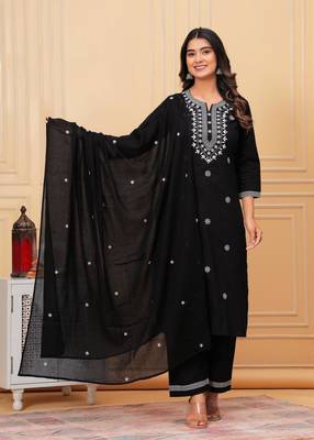 Womens cotton navy blue & white embroidery work kurta and pants with dupatta 4