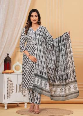 Womens cotton white & black embroidery work kurta and pants with dupatta 1