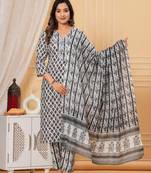 Womens cotton white & black embroidery work kurta and pants with dupatta