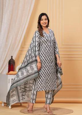 Womens cotton white & black embroidery work kurta and pants with dupatta 2
