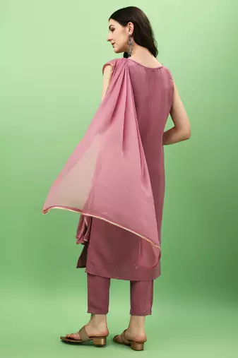 Onion Art Silk Fabric Straight Kurta, Pant and Dupatta Set