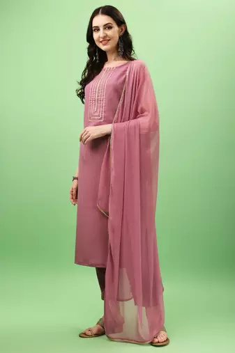Onion Art Silk Fabric Straight Kurta, Pant and Dupatta Set