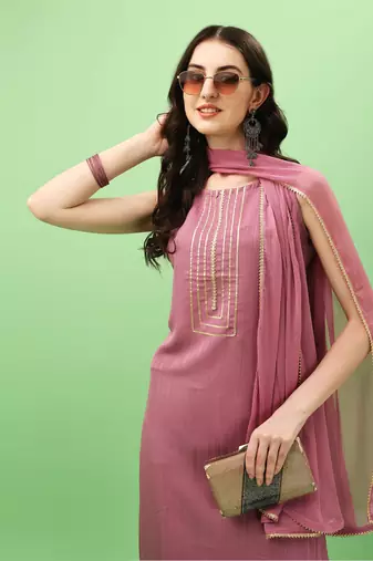 Onion Art Silk Fabric Straight Kurta, Pant and Dupatta Set