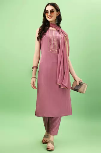 Onion Art Silk Fabric Straight Kurta, Pant and Dupatta Set