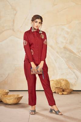 Red color beautiful embroidered top bottom set for girlish looks 1