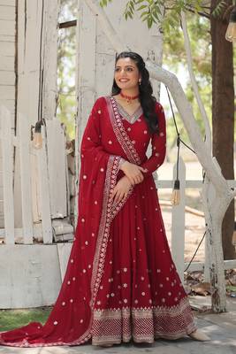 Maroon colour heavy sequins and zari partywear gown with dupatta 1