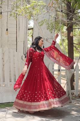 Maroon colour heavy sequins and zari partywear gown with dupatta 2