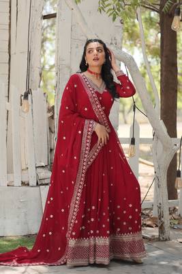 Maroon colour heavy sequins and zari partywear gown with dupatta 4