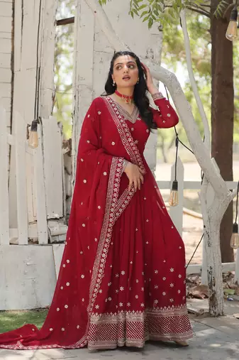 Maroon colour heavy sequins and zari partywear gown with dupatta