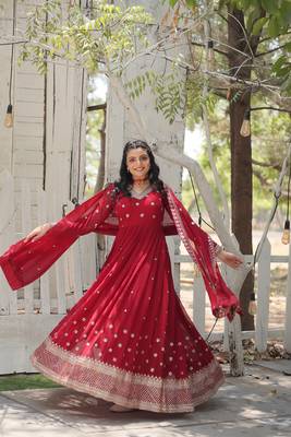 Maroon colour heavy sequins and zari partywear gown with dupatta 5