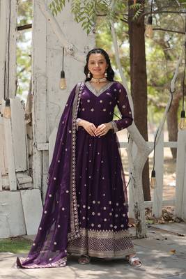 Purple colour heavy sequins and zari partywear gown with dupatta 1