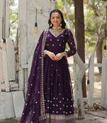 Purple colour heavy sequins and zari work partywear gown with dupatta