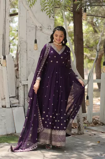 Purple colour heavy sequins and zari partywear gown with dupatta