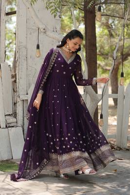 Purple colour heavy sequins and zari partywear gown with dupatta 5