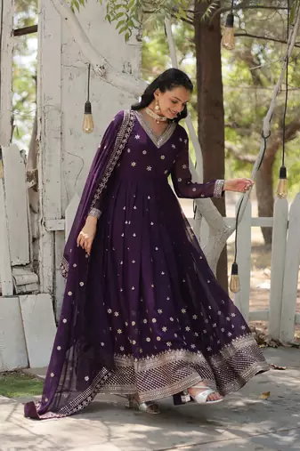 Purple colour heavy sequins and zari partywear gown with dupatta