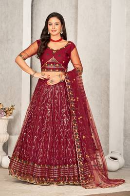 Maroon Colour Net Fabric Beautiful Ebroidered Partywear Lehenga Choli Set For Girls 1