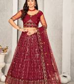 Maroon Colour Net Fabric Beautiful Ebroidered Partywear Lehenga Choli Set For Girls