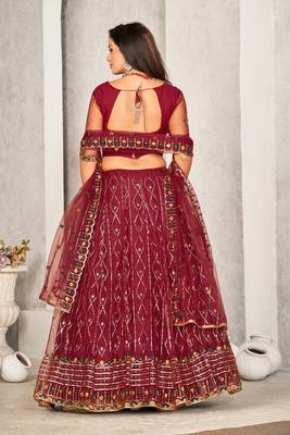 Maroon Colour Net Fabric Beautiful Ebroidered Partywear Lehenga Choli Set For Girls 2