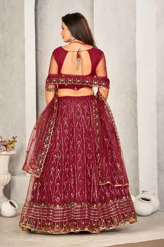 Maroon Colour Net Fabric Beautiful Ebroidered Partywear Lehenga Choli Set For Girls