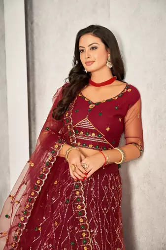 Maroon Colour Net Fabric Beautiful Ebroidered Partywear Lehenga Choli Set For Girls