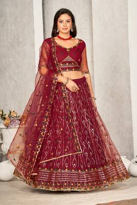 Maroon Colour Net Fabric Beautiful Ebroidered Partywear Lehenga Choli Set For Girls 4