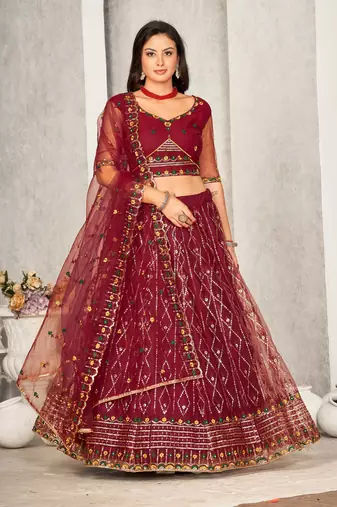 Maroon Colour Net Fabric Beautiful Ebroidered Partywear Lehenga Choli Set For Girls