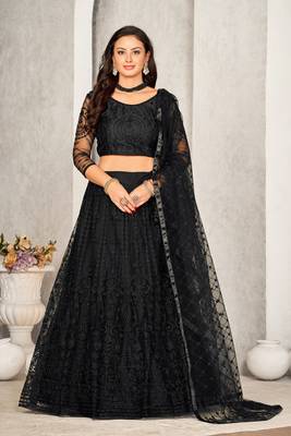 Black Colour Net Fabric Beautiful Ebroidered Partywear Lehenga Choli Set For Girls 1