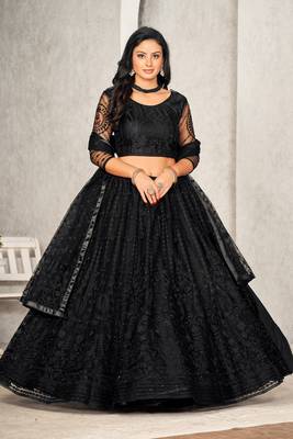 Black Colour Net Fabric Beautiful Ebroidered Partywear Lehenga Choli Set For Girls 4