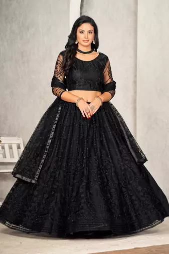Black Colour Net Fabric Beautiful Ebroidered Partywear Lehenga Choli Set For Girls