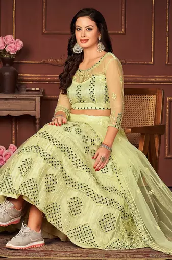 Yellow Colour Net Fabric Beautiful Ebroidered Partywear Lehenga Choli Set For Girls