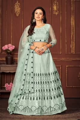 Sky Blue Colour Net Fabric Beautiful Ebroidered Partywear Lehenga Choli Set For Girls 1