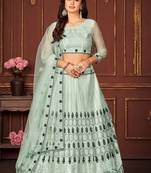 Sky Blue Colour Net Fabric Beautiful Ebroidered Partywear Lehenga Choli Set For Girls