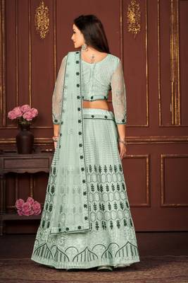 Sky Blue Colour Net Fabric Beautiful Ebroidered Partywear Lehenga Choli Set For Girls 2