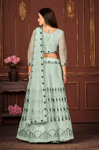 Sky Blue Colour Net Fabric Beautiful Ebroidered Partywear Lehenga Choli Set For Girls