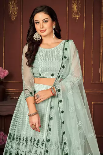 Sky Blue Colour Net Fabric Beautiful Ebroidered Partywear Lehenga Choli Set For Girls