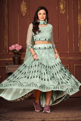 Sky Blue Colour Net Fabric Beautiful Ebroidered Partywear Lehenga Choli Set For Girls 4