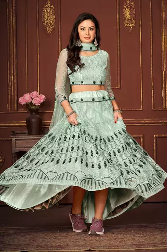 Sky Blue Colour Net Fabric Beautiful Ebroidered Partywear Lehenga Choli Set For Girls