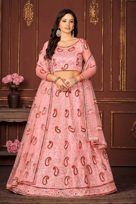 Peach Colour Net Fabric Beautiful Ebroidered Partywear Lehenga Choli Set For Girls 1