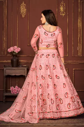 Peach Colour Net Fabric Beautiful Ebroidered Partywear Lehenga Choli Set For Girls