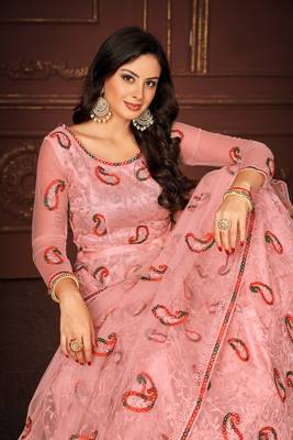 Peach Colour Net Fabric Beautiful Ebroidered Partywear Lehenga Choli Set For Girls 3