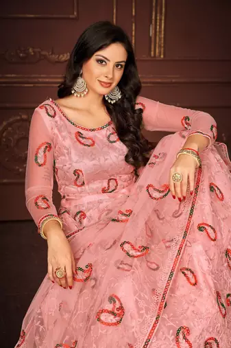 Peach Colour Net Fabric Beautiful Ebroidered Partywear Lehenga Choli Set For Girls
